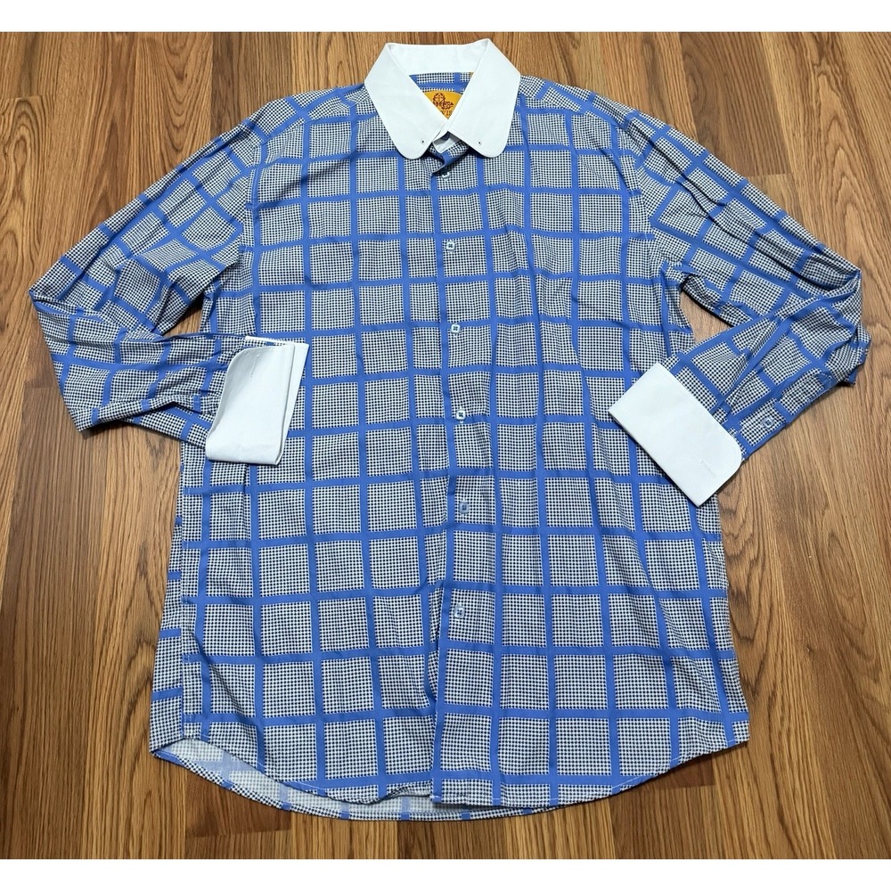 R. Lewis Dress Shirt Mens 17 34/35 French Cuff Club Collar Houndstooth